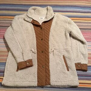 BKE Womens Cream Sherpa Faux Fur Quilted Utility Jacket Brown Drawstring Medium